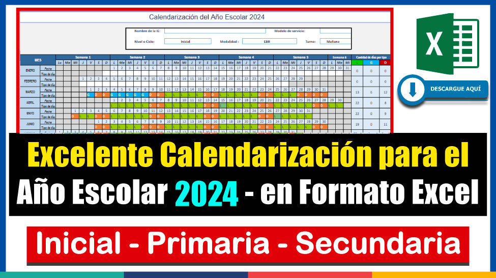 CALENDARIZACIÓN Año Escolar 2024 Editable en Excel