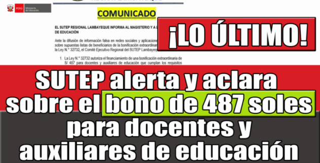 SUTEP aclara sobre el bono de 487 soles para docentes y auxiliares de educación